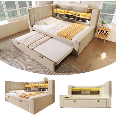 SANS MARQUE Polsterbett Bett – 214x107x88 Cm – 62.1 Kg – Aus Metall – Beige – 90x200 Cm Mit Ausziehbett 90x190 – Und Led-beleuchtung – Beidseitig Montierbar SANS MARQUE Polsterbett Bett – 214x107x88 Cm – 62.1 Kg – Aus Metall – Beige – 90x200 Cm Mit Ausziehbett 90x190 – Und Led-beleuchtung – Beidseitig Montierbar