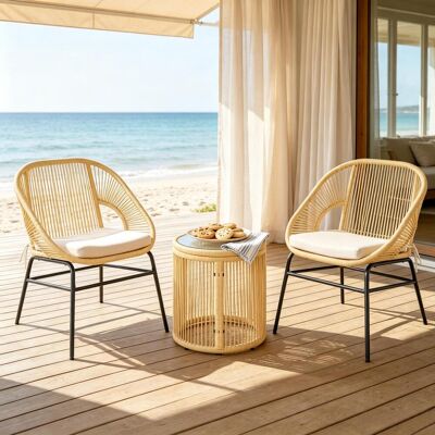 DEMANN GMBH 3-teiliges Outdoor Lounge-set, 2 Gartensessel Mit Sitzkissen Und Beistelltisch, Balkonmöbel-set Mit Glasplatte DEMANN GMBH 3-teiliges Outdoor Lounge-set, 2 Gartensessel Mit Sitzkissen Und Beistelltisch, Balkonmöbel-set Mit Glasplatte