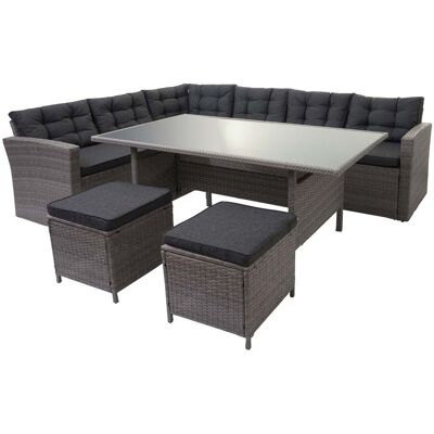 Poly-rattan-garnitur Hhg 471, Gartengarnitur Sitzgruppe Lounge-esstisch-set Sofa Grau, Kissen Grau + 2x Hocker Poly-rattan-garnitur Hhg 471, Gartengarnitur Sitzgruppe Lounge-esstisch-set Sofa Grau, Kissen Grau + 2x Hocker