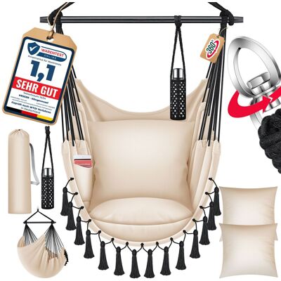 Hängesessel Mit 2 Kissen Getränkehalter & Bücherfach - Safari Xxl Hängestuhl Für Erwachsene & Kinder Hängematte Bis 150 Kg Hängesitz Beige - Kesser Hängesessel Mit 2 Kissen Getränkehalter & Bücherfach - Safari Xxl Hängestuhl Für Erwachsene & Kinder Hängematte Bis 150 Kg Hängesitz Beige - Kesser