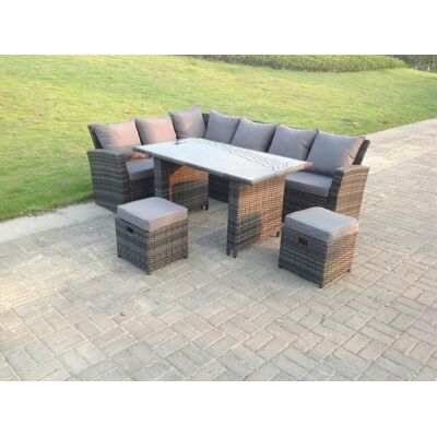 Hoher Rücken Grau Gemischt Rattan Ecksofa Esstisch Set Tisch Mit Hockern 8 Sitzer Linke Ecke - Fimous Hoher Rücken Grau Gemischt Rattan Ecksofa Esstisch Set Tisch Mit Hockern 8 Sitzer Linke Ecke - Fimous