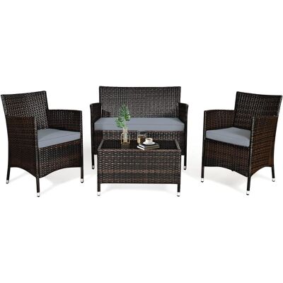 4-teiliges Rattanmoebel-set, Polyrattan Set Mit Hartglas Sofatisch, Rattan Lounge Inkl. Sofa Gartenstühle Mit Kissen Für 4 Personen, Balkon Sitzgruppe Für Garten Pool Hof, Braun - Costway 4-teiliges Rattanmoebel-set, Polyrattan Set Mit Hartglas Sofatisch, Rattan Lounge Inkl. Sofa Gartenstühle Mit Kissen Für 4 Personen, Balkon Sitzgruppe Für Garten Pool Hof, Braun - Costway