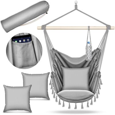 Hängesessel Grau 2 Kissen Zum Aufhängen Hängestuhl Mit Getränkehalter & Bücherfach Hängesitz Wetterfest - Indoor & Outdoor Hängekorb Mit Tragetasche Für Erwachsene & Kinder - Tillvex Hängesessel Grau 2 Kissen Zum Aufhängen Hängestuhl Mit Getränkehalter & Bücherfach Hängesitz Wetterfest - Indoor & Outdoor Hängekorb Mit Tragetasche Für Erwachsene & Kinder - Tillvex