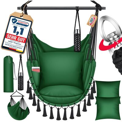 Hängesessel Mit 2 Kissen Getränkehalter & Bücherfach - Safari Xxl Hängestuhl Für Erwachsene & Kinder Hängematte Bis 150 Kg Hängesitz Grün - Kesser Hängesessel Mit 2 Kissen Getränkehalter & Bücherfach - Safari Xxl Hängestuhl Für Erwachsene & Kinder Hängematte Bis 150 Kg Hängesitz Grün - Kesser