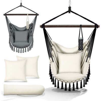 Tillvex Hängesessel Beige 2 Kissen Zum Aufhängen Hängestuhl Mit Getränkehalter & Bücherfach Hängesitz Wetterfest - Indoor & Outdoor Hängekorb Mit Tragetasche Für Erwachsene & Kinder Tillvex Hängesessel Beige 2 Kissen Zum Aufhängen Hängestuhl Mit Getränkehalter & Bücherfach Hängesitz Wetterfest - Indoor & Outdoor Hängekorb Mit Tragetasche Für Erwachsene & Kinder