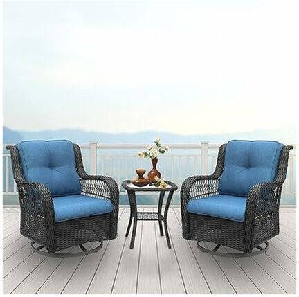 BIGTREE 360-Degree Outdoor Swivel Rocking Balcony Furniture Set, 3-Piece pe Wicker Rattan Garden Set with Seat Cushion and Back Cushion, Garden Furniture,