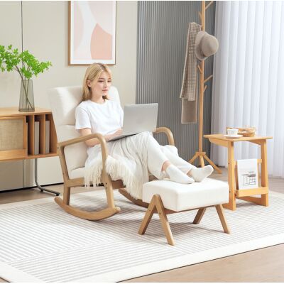 BEAOK Schaukelstuhl Mit Hocker, Polyester In Cremeweiß, Gestell Mit Holzbeinen, 65 X 96 X 94,5 Cm BEAOK Schaukelstuhl Mit Hocker, Polyester In Cremeweiß, Gestell Mit Holzbeinen, 65 X 96 X 94,5 Cm