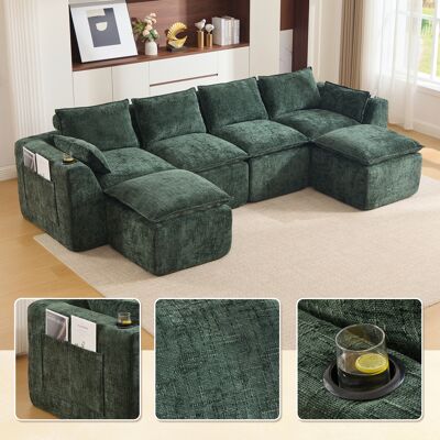 KELLANY Modulares 4-sitzer-sofa (2 Fußhocker), Kissen, Getränkehalter, 2 Seitentaschen, Schaum-/federkern, Schnell Rückfedernd. Frei Kombinierbar – Ideal Für Wohnzimmer U.ä.(dunkelgrüner Chenille-stoff) KELLANY Modulares 4-sitzer-sofa (2 Fußhocker), Kissen, Getränkehalter, 2 Seitentaschen, Schaum-/federkern, Schnell Rückfedernd. Frei Kombinierbar – Ideal Für Wohnzimmer U.ä.(dunkelgrüner Chenille-stoff)