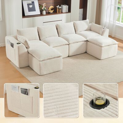 KELLANY Modulares 4-sitzer-sofa (2 Fußhocker), Kissen, Getränkehalter, 2 Seitentaschen, Schaum-/federkern, Schnell Rückfedernd. Frei Kombinierbar – Ideal Für Wohnzimmer, Büros U.ä.(beiger Cordstoff) KELLANY Modulares 4-sitzer-sofa (2 Fußhocker), Kissen, Getränkehalter, 2 Seitentaschen, Schaum-/federkern, Schnell Rückfedernd. Frei Kombinierbar – Ideal Für Wohnzimmer, Büros U.ä.(beiger Cordstoff)