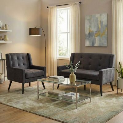 BEAOK 2er-set Akzent-sessel Aus Polsterstoff In Dunkelgrau Mit Massivholzbeinen,119x75x88 Cm BEAOK 2er-set Akzent-sessel Aus Polsterstoff In Dunkelgrau Mit Massivholzbeinen,119x75x88 Cm