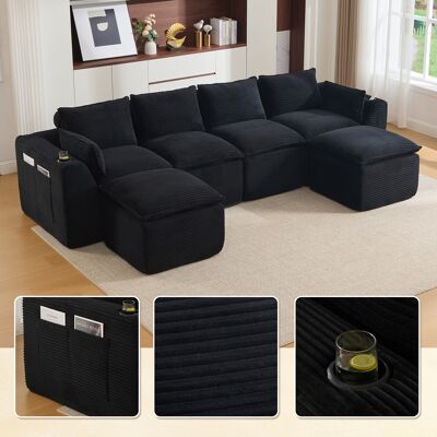 KELLANY Modulares 4-sitzer-sofa (2 Fußhocker), Kissen, Getränkehalter, 2 Seitentaschen, Schaum-/federkern, Schnell Rückfedernd. Frei Kombinierbar – Ideal Für Wohnzimmer, Büros U.ä.(schwarzer Cord) KELLANY Modulares 4-sitzer-sofa (2 Fußhocker), Kissen, Getränkehalter, 2 Seitentaschen, Schaum-/federkern, Schnell Rückfedernd. Frei Kombinierbar – Ideal Für Wohnzimmer, Büros U.ä.(schwarzer Cord)