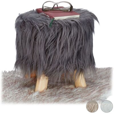 Fell Hocker, Flauschig, 4 Holzbeine, Gepolsterter Fußhocker, Kunstfell, Rund, Dekohocker Hxd: 31x31 Cm, Grau - Relaxdays Fell Hocker, Flauschig, 4 Holzbeine, Gepolsterter Fußhocker, Kunstfell, Rund, Dekohocker Hxd: 31x31 Cm, Grau - Relaxdays