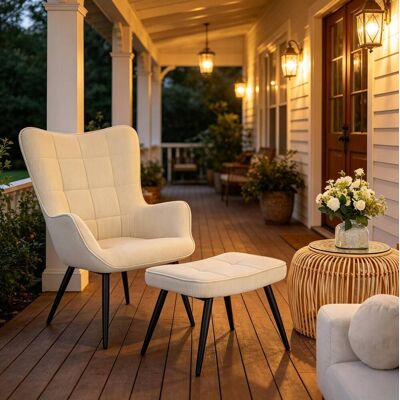 BEAOK Relaxsessel Mit Hocker Aus Cord In Cremeweiss, Metallgestell, 50 X 49 X 97 Cm BEAOK Relaxsessel Mit Hocker Aus Cord In Cremeweiss, Metallgestell, 50 X 49 X 97 Cm