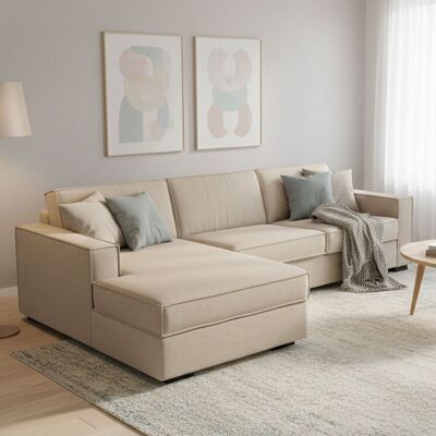 Schlafsofa Adima, Ecksofa, 100% Made In Italy, Sofa Mit Drehöffnung, Linke Containerhalbinsel, Mit Schmalen Armlehnen, Cm 260x95h90, Beige - Talamo Italia Schlafsofa Adima, Ecksofa, 100% Made In Italy, Sofa Mit Drehöffnung, Linke Containerhalbinsel, Mit Schmalen Armlehnen, Cm 260x95h90, Beige - Talamo Italia
