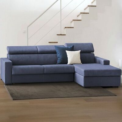Festes Sofa Mikaela, Ecksofa, 100% Made In Italy, Sofa Im Wohnzimmer Mit Chaiselongue, In Gepolstertem Stoff - Rechte Containerhalbinsel, Mit Schmalen Armlehnen, Cm 260x95h85, Blau - Talamo Italia Festes Sofa Mikaela, Ecksofa, 100% Made In Italy, Sofa Im Wohnzimmer Mit Chaiselongue, In Gepolstertem Stoff - Rechte Containerhalbinsel, Mit Schmalen Armlehnen, Cm 260x95h85, Blau - Talamo Italia
