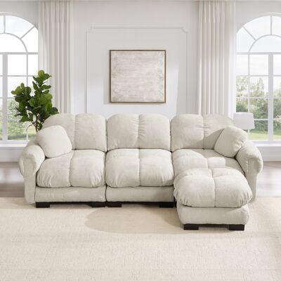 KELLANY 3-sitze L-förmiges Cloud Sofa,inklusive Mobiler Ottomane Und 2 Kleinen Dekokissen,feines Steppdesign,dicke Sitzkissen,weich Und Stützend,einfach Aufzubauen,geeignet Für Das Wohnzimmer,hellkhaki KELLANY 3-sitze L-förmiges Cloud Sofa,inklusive Mobiler Ottomane Und 2 Kleinen Dekokissen,feines Steppdesign,dicke Sitzkissen,weich Und Stützend,einfach Aufzubauen,geeignet Für Das Wohnzimmer,hellkhaki