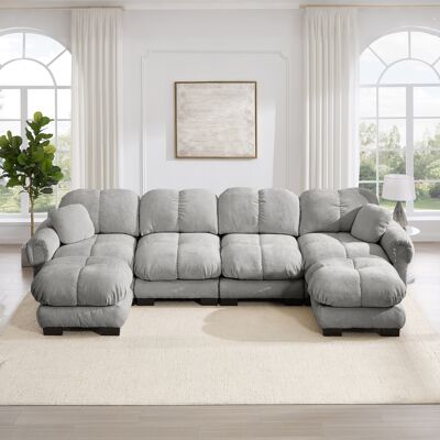 KELLANY 4-sitzer U-förmiges Wohnzimmer-sofa, Chenille-stoff, Modulares Ecksofa Mit 2 Mobiler Ottomane,feines Steppdesign,weich & Stützend, Ergonomisch Geformte Rückenlehne, Einfach Aufzubauen, Hellgrau KELLANY 4-sitzer U-förmiges Wohnzimmer-sofa, Chenille-stoff, Modulares Ecksofa Mit 2 Mobiler Ottomane,feines Steppdesign,weich & Stützend, Ergonomisch Geformte Rückenlehne, Einfach Aufzubauen, Hellgrau