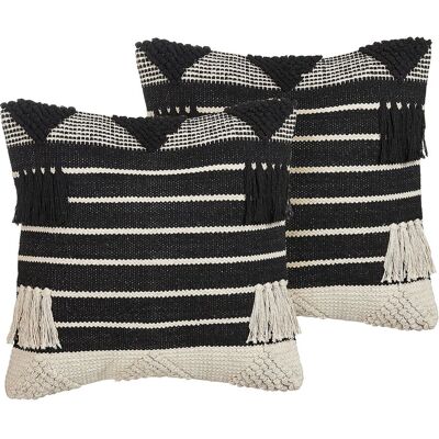 Beliani Set mit 2 Baumwollkissen Beige und Schwarz - Geometrisches Muster Beliani Set mit 2 Baumwollkissen Beige und Schwarz - Geometrisches Muster