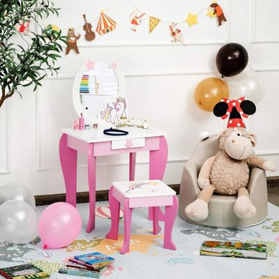 Costway - Kinder Schminktisch Mit Hocker Frisiertisch Mit Schublade Und Abnehmbarer Spiegel, Frisierkommode Rosa, Schminkkommode Von 3-7 Jahren Costway - Kinder Schminktisch Mit Hocker Frisiertisch Mit Schublade Und Abnehmbarer Spiegel, Frisierkommode Rosa, Schminkkommode Von 3-7 Jahren