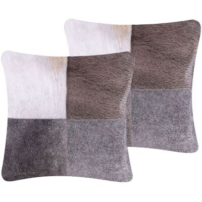 BELIANI Dekokissen 2er Set Nellad Echtleder 45 X 45 Cm Grau Patchwork BELIANI Dekokissen 2er Set Nellad Echtleder 45 X 45 Cm Grau Patchwork