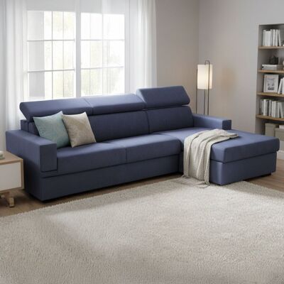 Schlafsofa Alceste, Ecksofa, 100% Made In Italy, Sofa Mit Drehöffnung, Mit Rechter Containerhalbinsel, Mit Schmalen Armlehnen, Cm 260x95h85, Blau - Talamo Italia Schlafsofa Alceste, Ecksofa, 100% Made In Italy, Sofa Mit Drehöffnung, Mit Rechter Containerhalbinsel, Mit Schmalen Armlehnen, Cm 260x95h85, Blau - Talamo Italia