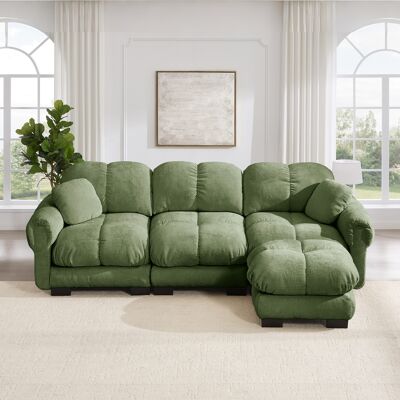 KELLANY 3-sitze L-förmiges Cloud Sofa,inklusive Mobiler Ottomane Und 2 Kleinen Dekokissen,feines Steppdesign,dicke Sitzkissen,weich Und Stützend,einfach Aufzubauen,geeignet Für Das Wohnzimmer,grün KELLANY 3-sitze L-förmiges Cloud Sofa,inklusive Mobiler Ottomane Und 2 Kleinen Dekokissen,feines Steppdesign,dicke Sitzkissen,weich Und Stützend,einfach Aufzubauen,geeignet Für Das Wohnzimmer,grün