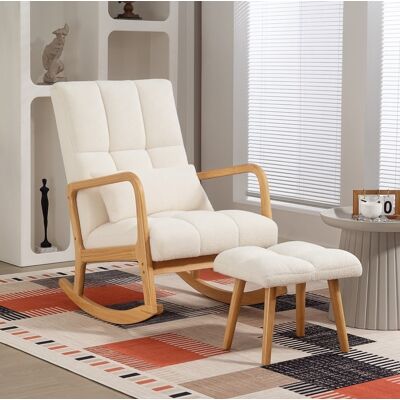 BEAOK Schaukelstuhl Mit Hocker Aus Holz In Weiß, Fleece-bezug, 64,5 X 82 X 99 Cm BEAOK Schaukelstuhl Mit Hocker Aus Holz In Weiß, Fleece-bezug, 64,5 X 82 X 99 Cm