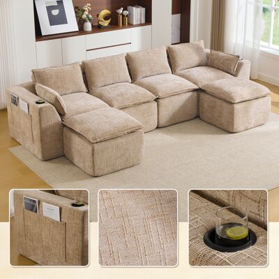 KELLANY Modulares 4-sitzer-sofa (2 Fußhocker), Kissen, Getränkehalter, 2 Seitentaschen, Schaum-/federkern, Schnell Rückfedernd. Frei Kombinierbar, Ideal Für Wohnzimmer U.ä.(khaki-farbener Chenille-stoff) KELLANY Modulares 4-sitzer-sofa (2 Fußhocker), Kissen, Getränkehalter, 2 Seitentaschen, Schaum-/federkern, Schnell Rückfedernd. Frei Kombinierbar, Ideal Für Wohnzimmer U.ä.(khaki-farbener Chenille-stoff)