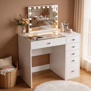 FENCHILIN Schminktisch mit LED-Beleuchtung, einstellbarer Helligkeit, 6 Schubladen, 92 x 81 x 55 cm, inklusive Kosmetikspiegel, weiß FENCHILIN Schminktisch mit LED-Beleuchtung, einstellbarer Helligkeit, 6 Schubladen, 92 x 81 x 55 cm, inklusive Kosmetikspiegel, weiß