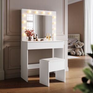 Schminktisch, Schminkkommode, Frisiertisch, mit Spiegel, 1 Schublade, 1 Hocker, 12 LED-Glühbirnen, Einstellbare Helligkeit, Modern, Weiß - Sonni Schminktisch, Schminkkommode, Frisiertisch, mit Spiegel, 1 Schublade, 1 Hocker, 12 LED-Glühbirnen, Einstellbare Helligkeit, Modern, Weiß - Sonni
