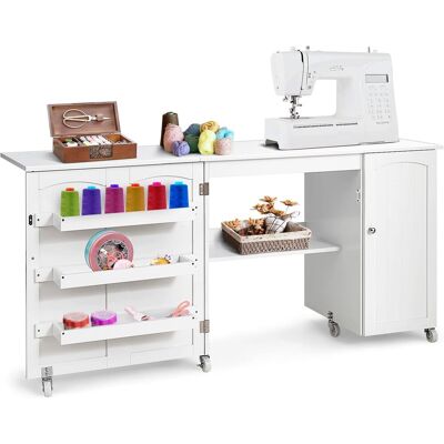 Costway Klappbarer Naehtisch Mit Abschliessbaren Rollen Schreibtisch Computertisch Naehschrank Mit Arbeitsplatte & Ablagefaechern & Türschrank Weiss Costway Klappbarer Naehtisch Mit Abschliessbaren Rollen Schreibtisch Computertisch Naehschrank Mit Arbeitsplatte & Ablagefaechern & Türschrank Weiss