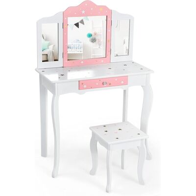 Costway Kinder Schminktisch Mit Hocker, Prinzessin Frisiertisch Mit Schublade & 3-fach Klappbarer Spiegel, Frisierkommode Rosa Weiss, Schminkkommode Für Maedchen Costway Kinder Schminktisch Mit Hocker, Prinzessin Frisiertisch Mit Schublade & 3-fach Klappbarer Spiegel, Frisierkommode Rosa Weiss, Schminkkommode Für Maedchen