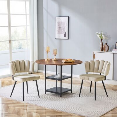 KELLANY Tisch- Und Stuhlset. Runder 107 Cm Esstisch In Nussbaum-optik Mit Doppelter Stauraum-ebene + 2 Hellbraune Stoff-esszimmerstühle Mit Blütenförmiger Rückenlehne – Ideal Für Kleine Wohnungen. KELLANY Tisch- Und Stuhlset. Runder 107 Cm Esstisch In Nussbaum-optik Mit Doppelter Stauraum-ebene + 2 Hellbraune Stoff-esszimmerstühle Mit Blütenförmiger Rückenlehne – Ideal Für Kleine Wohnungen.