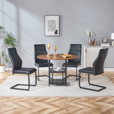 KELLANY Tisch- Und Stuhlset: 107 Cm Runder Esstisch Mit Doppelter Stauraum-ebene + 4 Schwarzem Esszimmerstühle Mit Rautenmuster, Gefertigt Aus Mdf (mitteldichtefaserplatte) + Metall Im Industriestil. KELLANY Tisch- Und Stuhlset: 107 Cm Runder Esstisch Mit Doppelter Stauraum-ebene + 4 Schwarzem Esszimmerstühle Mit Rautenmuster, Gefertigt Aus Mdf (mitteldichtefaserplatte) + Metall Im Industriestil.