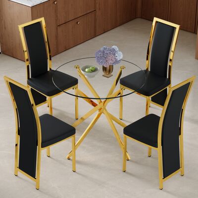 KELLANY Tisch- Und Stuhlset. 88 Cm Luxuriöser Esstisch Aus Gehärtetem Glas Mit Goldfarbenem Kreuzförmigem Metallgestell, Kombiniert Mit 4 Minimalistischen Schwarzen Pu-esszimmerstühlen Mit Goldener Kante. KELLANY Tisch- Und Stuhlset. 88 Cm Luxuriöser Esstisch Aus Gehärtetem Glas Mit Goldfarbenem Kreuzförmigem Metallgestell, Kombiniert Mit 4 Minimalistischen Schwarzen Pu-esszimmerstühlen Mit Goldener Kante.