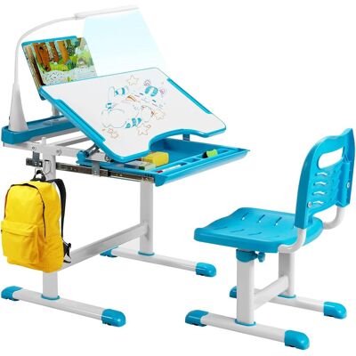Costway - Kinderschreibtisch Set Mit Bücherstaender& Led-licht, Hoehenverstellbarer Kindertisch Und Stuhl Mit Gekippter Tischplatte&schublade, Kinder Schreibtischfür Jungs & Maedchen Blau Costway - Kinderschreibtisch Set Mit Bücherstaender& Led-licht, Hoehenverstellbarer Kindertisch Und Stuhl Mit Gekippter Tischplatte&schublade, Kinder Schreibtischfür Jungs & Maedchen Blau