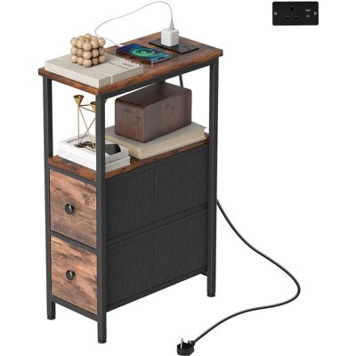 OEM Couchtisch Beistelltisch Mit Ladestation, Stahlrahmen, 2 Stoffschublade, Offen Fach, 20cm X 40cm X 63cm, Rustikal-braun OEM Couchtisch Beistelltisch Mit Ladestation, Stahlrahmen, 2 Stoffschublade, Offen Fach, 20cm X 40cm X 63cm, Rustikal-braun