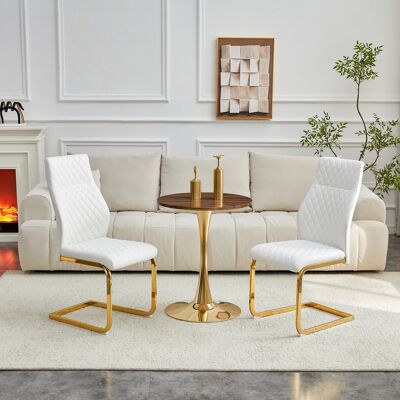 KELLANY Tisch- Und Stuhlset. Runder 60 Cm Tisch Aus Mdf Mit Walnussholz-optik, Goldfarbenem Stützfuß, Kombiniert Mit 2 Weißen Esszimmerstühlen Mit Rautenmuster-design Und Goldfarbenem Metallgestell. KELLANY Tisch- Und Stuhlset. Runder 60 Cm Tisch Aus Mdf Mit Walnussholz-optik, Goldfarbenem Stützfuß, Kombiniert Mit 2 Weißen Esszimmerstühlen Mit Rautenmuster-design Und Goldfarbenem Metallgestell.