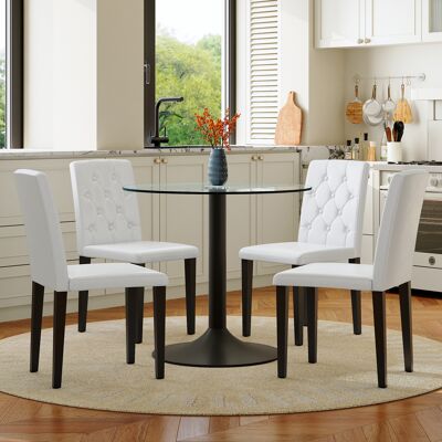 KELLANY Tisch- Und Stuhlset. Modernes Minimalistisches Glastisch-set Mit 85 Cm Durchmesser,1 Tisch Und 4 Stühlen – Pu-esszimmerstühle Mit Knopfverzierter Rückenlehne. Leicht Luxuriöse Wahl Für Essbereich. KELLANY Tisch- Und Stuhlset. Modernes Minimalistisches Glastisch-set Mit 85 Cm Durchmesser,1 Tisch Und 4 Stühlen – Pu-esszimmerstühle Mit Knopfverzierter Rückenlehne. Leicht Luxuriöse Wahl Für Essbereich.