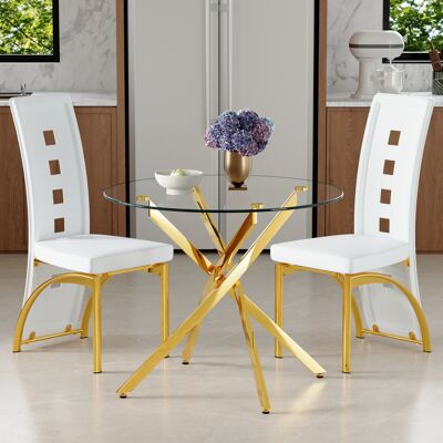 KELLANY Tisch- Und Stuhlset. 88 Cm Luxuriöser Esstisch Aus Gehärtetem Glas + 2 Weißen Esszimmerstühle Mit Geometrischem Lochmuster Aus Pu-leder. Modernes Schlichtes 1-tisch-2-stühle-set. KELLANY Tisch- Und Stuhlset. 88 Cm Luxuriöser Esstisch Aus Gehärtetem Glas + 2 Weißen Esszimmerstühle Mit Geometrischem Lochmuster Aus Pu-leder. Modernes Schlichtes 1-tisch-2-stühle-set.