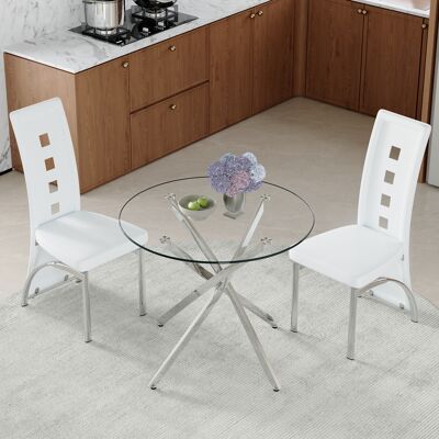 KELLANY Tisch- Und Stuhlset. 88 Cm Luxuriöser Esstisch Aus Gehärtetem Glas + 2 Weißen Esszimmerstühle Mit Geometrischem Lochmuster Aus Pu-leder. Modernes Schlichtes 1-tisch-2-stühle-set. KELLANY Tisch- Und Stuhlset. 88 Cm Luxuriöser Esstisch Aus Gehärtetem Glas + 2 Weißen Esszimmerstühle Mit Geometrischem Lochmuster Aus Pu-leder. Modernes Schlichtes 1-tisch-2-stühle-set.