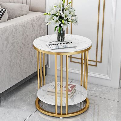 UNHO Couchtisch Marmor Optik Beistelltisch Rund Sofatisch Nachttisch Telefontisch Blumentisch Mit 2 Ablagen Und Gold Metallgestell UNHO Couchtisch Marmor Optik Beistelltisch Rund Sofatisch Nachttisch Telefontisch Blumentisch Mit 2 Ablagen Und Gold Metallgestell