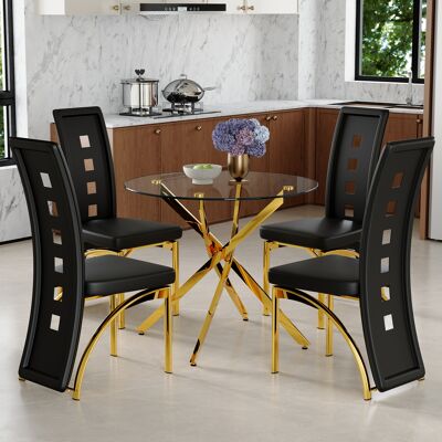 KELLANY Tisch- Und Stuhlset. 88 Cm Luxuriöser Esstisch Aus Gehärtetem Glas + 4 Schwarze Esszimmerstühle Mit Geometrischem Lochmuster Aus Pu-leder. Modernes Schlichtes 1-tisch-4-stühle-set. KELLANY Tisch- Und Stuhlset. 88 Cm Luxuriöser Esstisch Aus Gehärtetem Glas + 4 Schwarze Esszimmerstühle Mit Geometrischem Lochmuster Aus Pu-leder. Modernes Schlichtes 1-tisch-4-stühle-set.
