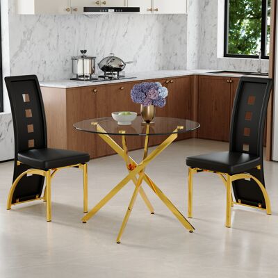 KELLANY Tisch- Und Stuhlset. 88 Cm Luxuriöser Esstisch Aus Gehärtetem Glas + 2 Schwarze Esszimmerstühle Mit Geometrischem Lochmuster Aus Pu-leder. Modernes Schlichtes 1-tisch-2-stühle-set. KELLANY Tisch- Und Stuhlset. 88 Cm Luxuriöser Esstisch Aus Gehärtetem Glas + 2 Schwarze Esszimmerstühle Mit Geometrischem Lochmuster Aus Pu-leder. Modernes Schlichtes 1-tisch-2-stühle-set.
