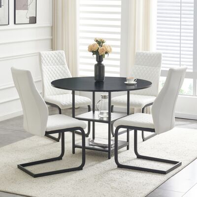 KELLANY Tisch- Und Stuhlset. Runder 107 Cm Esstisch Mit Doppelter Stauraum-ebene + 4 Weiße Esszimmerstühle Mit Rautenmuster, Mdf + Metall Im Industriestil, Geeignet Für Europäische Haushalte. KELLANY Tisch- Und Stuhlset. Runder 107 Cm Esstisch Mit Doppelter Stauraum-ebene + 4 Weiße Esszimmerstühle Mit Rautenmuster, Mdf + Metall Im Industriestil, Geeignet Für Europäische Haushalte.