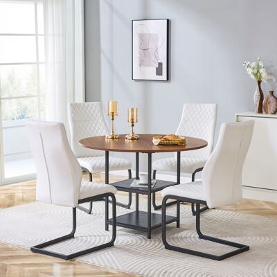 KELLANY Tisch- Und Stuhlset: 107 Cm Runder Esstisch Mit Doppelter Stauraum-ebene + 4 Weiße Esszimmerstühle Mit Rautenmuster, Gefertigt Aus Mdf (mitteldichtefaserplatte) + Metall Im Industriestil. KELLANY Tisch- Und Stuhlset: 107 Cm Runder Esstisch Mit Doppelter Stauraum-ebene + 4 Weiße Esszimmerstühle Mit Rautenmuster, Gefertigt Aus Mdf (mitteldichtefaserplatte) + Metall Im Industriestil.