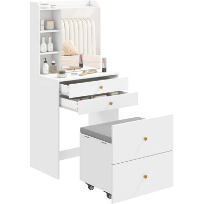 SWYEOOT Schminktisch Mit Spiegel Und Gepolstertem Hocker, Kompakter Frisiertisch Mit Schrank, Schubladen Und Offenen Ablagen, Weiß SWYEOOT Schminktisch Mit Spiegel Und Gepolstertem Hocker, Kompakter Frisiertisch Mit Schrank, Schubladen Und Offenen Ablagen, Weiß