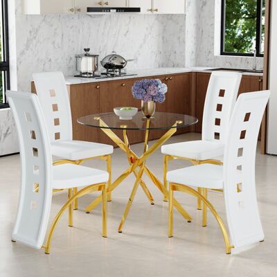 KELLANY Tisch- Und Stuhlset. 88 Cm Luxuriöser Esstisch Aus Gehärtetem Glas + 4 Weißen Esszimmerstühle Mit Geometrischem Lochmuster Aus Pu-leder. Modernes Schlichtes 1-tisch-4-stühle-set. KELLANY Tisch- Und Stuhlset. 88 Cm Luxuriöser Esstisch Aus Gehärtetem Glas + 4 Weißen Esszimmerstühle Mit Geometrischem Lochmuster Aus Pu-leder. Modernes Schlichtes 1-tisch-4-stühle-set.