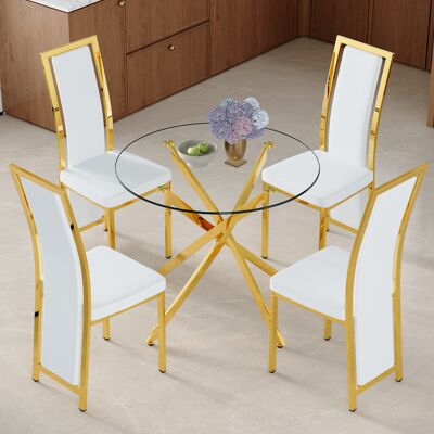 KELLANY Tisch- Und Stuhlset. 88 Cm Luxuriöser Esstisch Aus Gehärtetem Glas Mit Goldfarbenem Kreuzförmigem Metallgestell, Kombiniert Mit 4 Minimalistischen Weißen Pu-esszimmerstühlen Mit Goldener Kante. KELLANY Tisch- Und Stuhlset. 88 Cm Luxuriöser Esstisch Aus Gehärtetem Glas Mit Goldfarbenem Kreuzförmigem Metallgestell, Kombiniert Mit 4 Minimalistischen Weißen Pu-esszimmerstühlen Mit Goldener Kante.