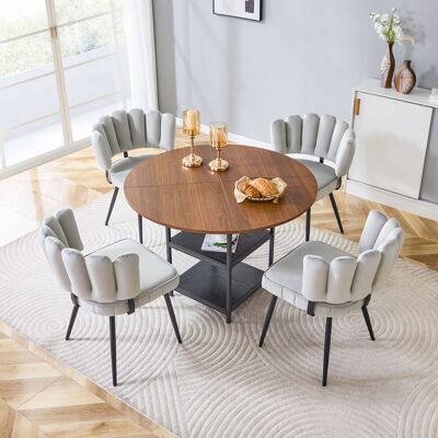 KELLANY Tisch- Und Stuhlset. Runder 107 Cm Esstisch In Nussbaum-optik Mit Doppelter Stauraum-ebene + 4 Hellgraue Stoff-esszimmerstühle Mit Blütenförmiger Rückenlehne – Ideal Für Kleine Wohnungen. KELLANY Tisch- Und Stuhlset. Runder 107 Cm Esstisch In Nussbaum-optik Mit Doppelter Stauraum-ebene + 4 Hellgraue Stoff-esszimmerstühle Mit Blütenförmiger Rückenlehne – Ideal Für Kleine Wohnungen.
